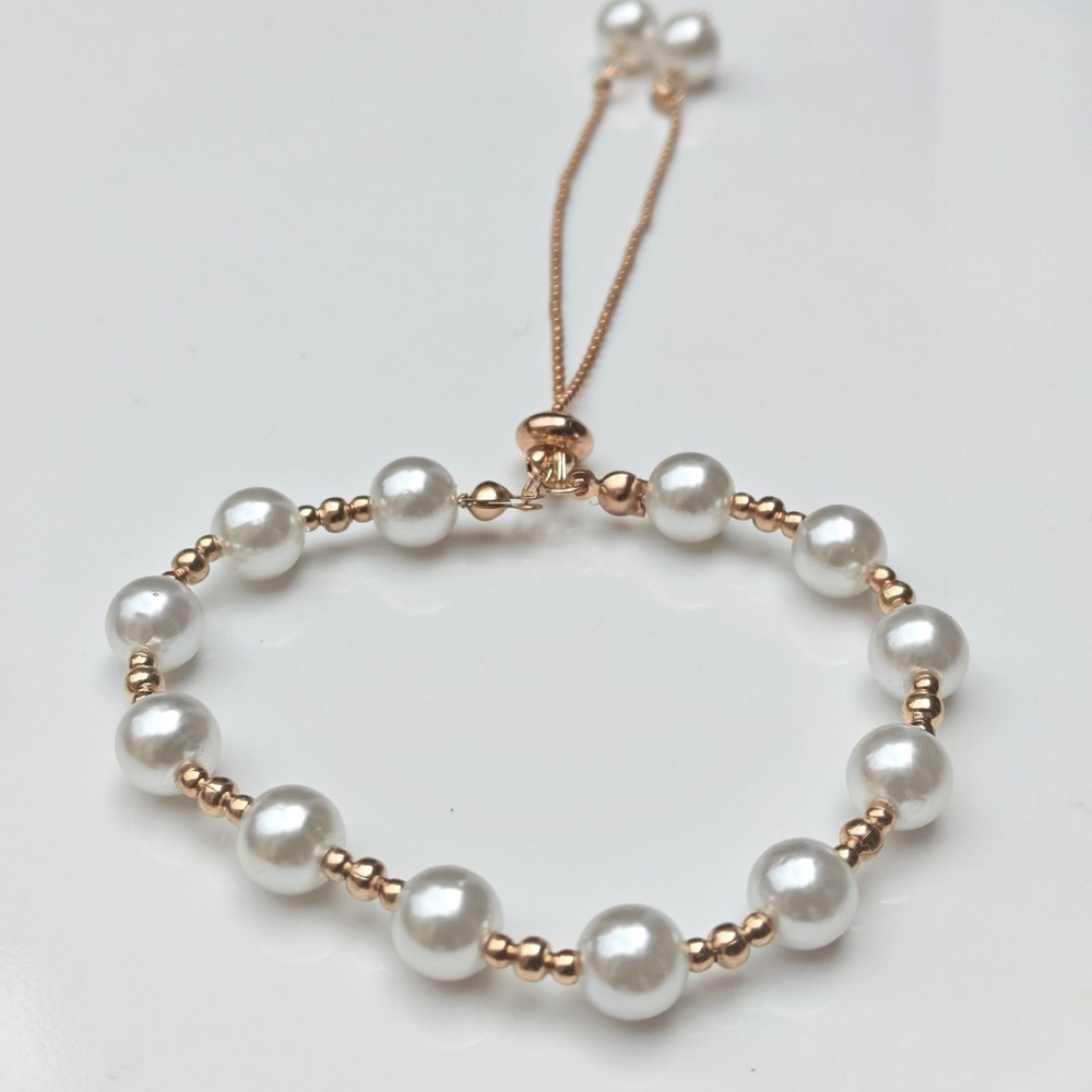White Faux Pearl Rose Gold Tone Adjustable Bolo Slider Bracelet Beaded Classic